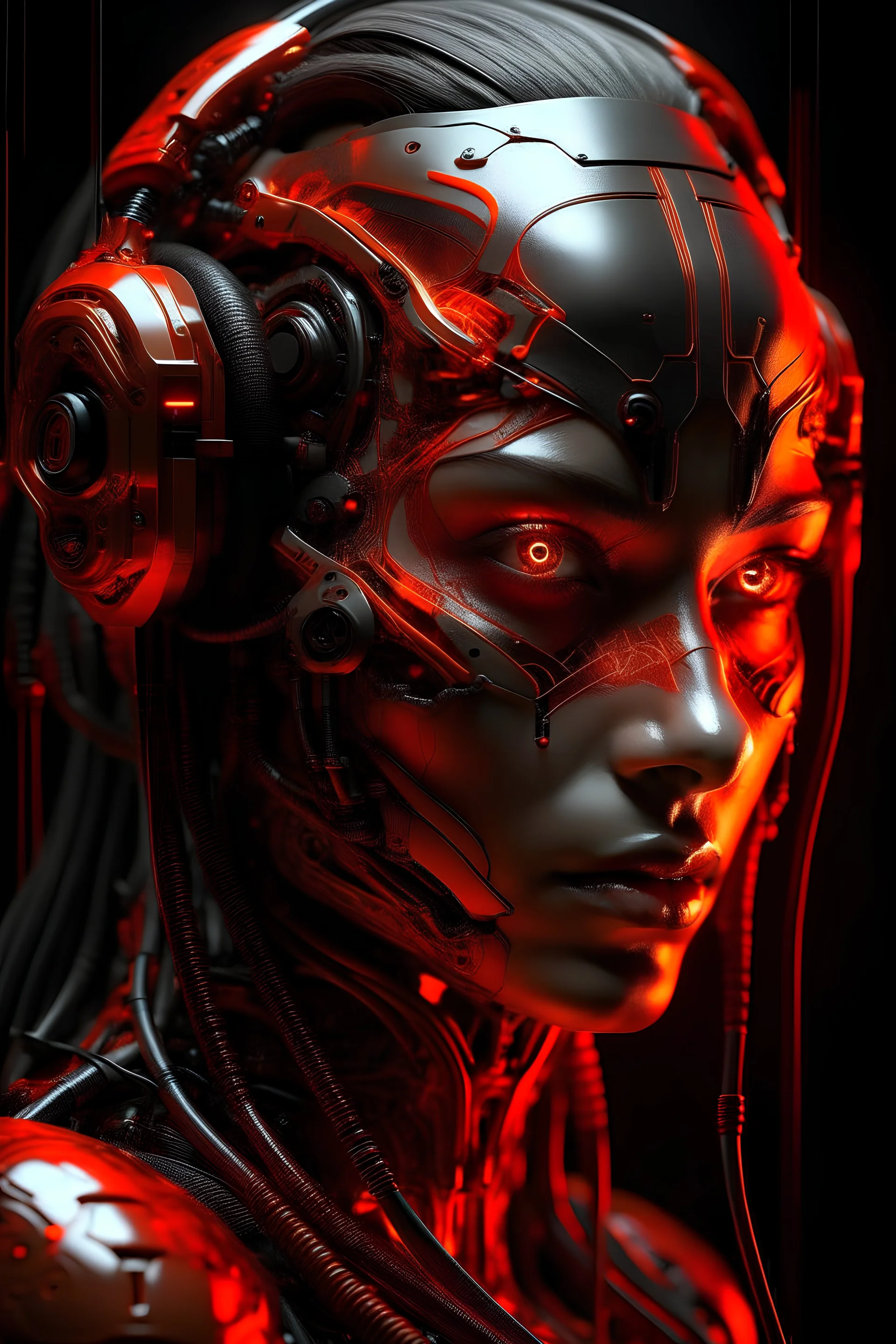 a close up symmetrical portrait of a cyberpunk gangster, biomechanical, mshn robot, splashes of orange red, hyper realistic, intricate design, (insanely detailed:1.4), (extremely fine details:1.35), Extremely sharp lines, steel, cinematic lighting, Photorealistic, a detailed painting by Ayami Kojima and Lilia Alvarado, (best quality, high quality, absurdres, intricate detail, masterpiece, cinematic), highly detailed, motion blur, film grain, noise, lens effects,