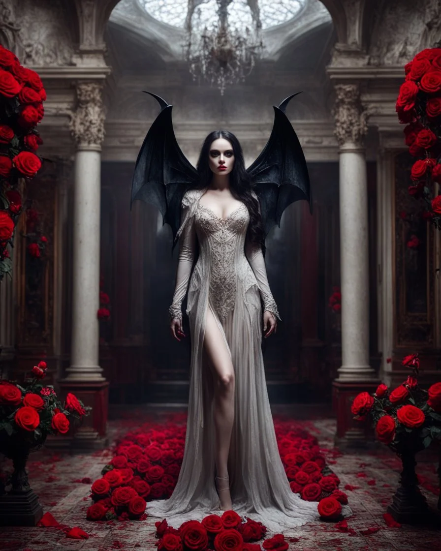 Facing front photography realistic Full body,creepy Vampire ghost woman long hair straddle wings bat she on standing on creepy,in mystery palace vampire,red roses flowers sorrounded background,dramatic angle, extreme angle shot, trypophobia, horror