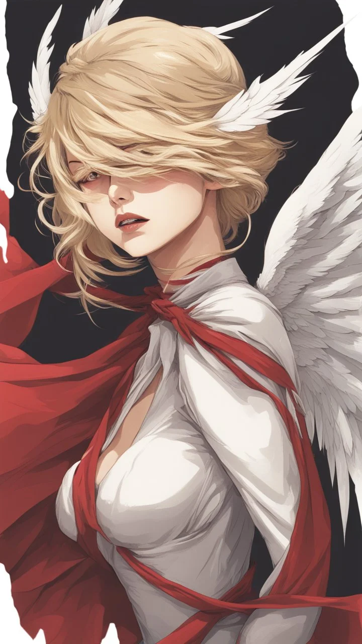 A blonde girl is blindfolded with a red cloth, two white wings behind her. Cinematic image