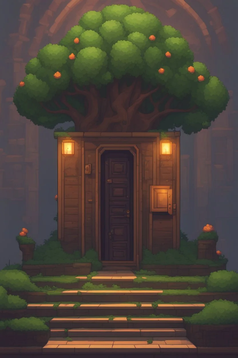 a pixel tree that sprouts in the shape of a portal door for the 2d sidescroller game side view