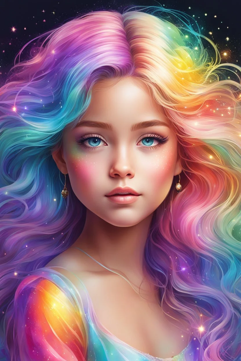 Adorable digital painting style. Pastel hues adorn her every trace, A rainbow girl with a shimmering embrace, Her eyes, glistening with dreams and grace, A vision of magic, lighting up any space. highly detailed, ink colored, 4k, high quality, correct face structure, correct anatomy