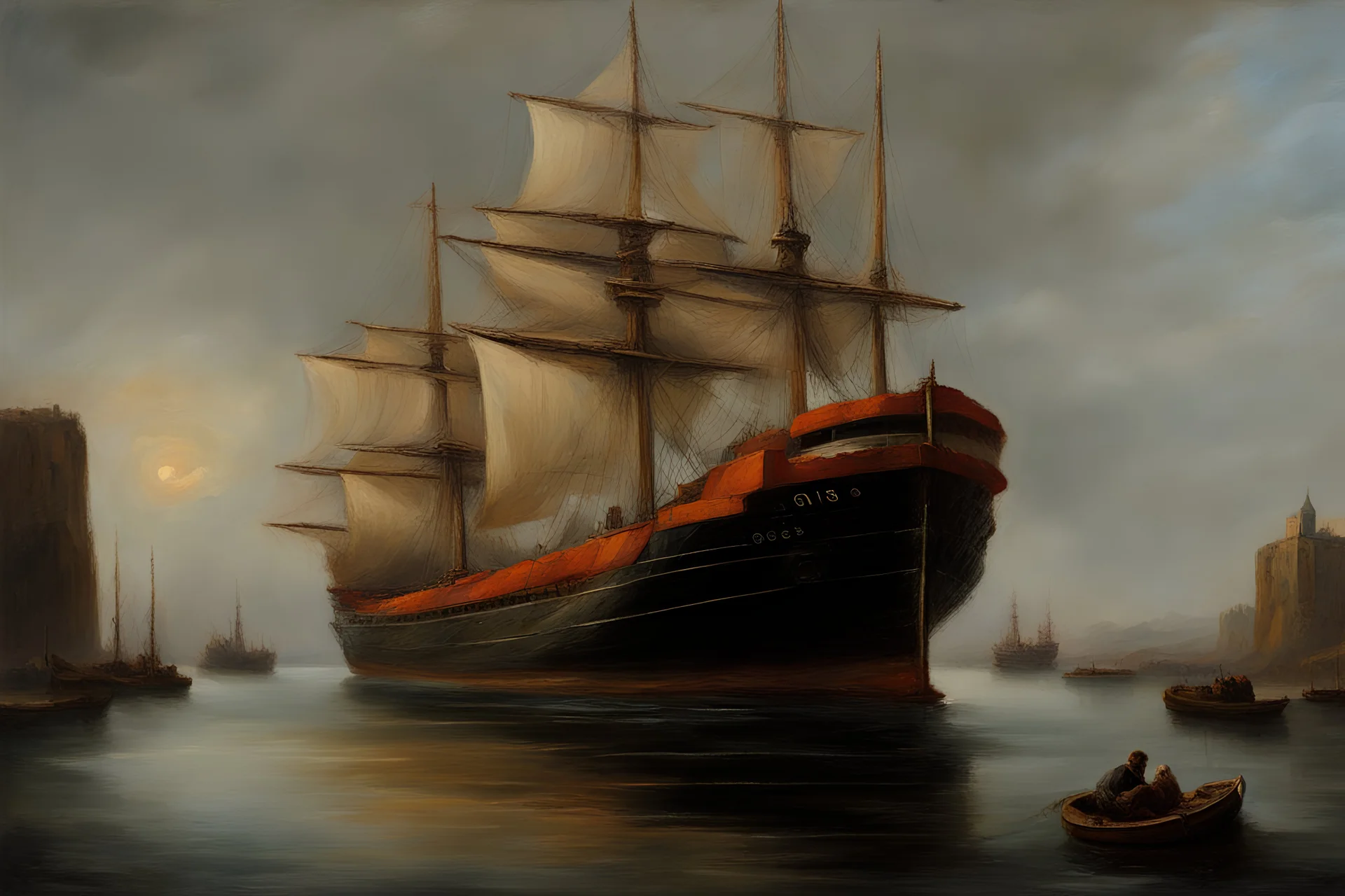 Oil painting in Rembrandt style of a container ship