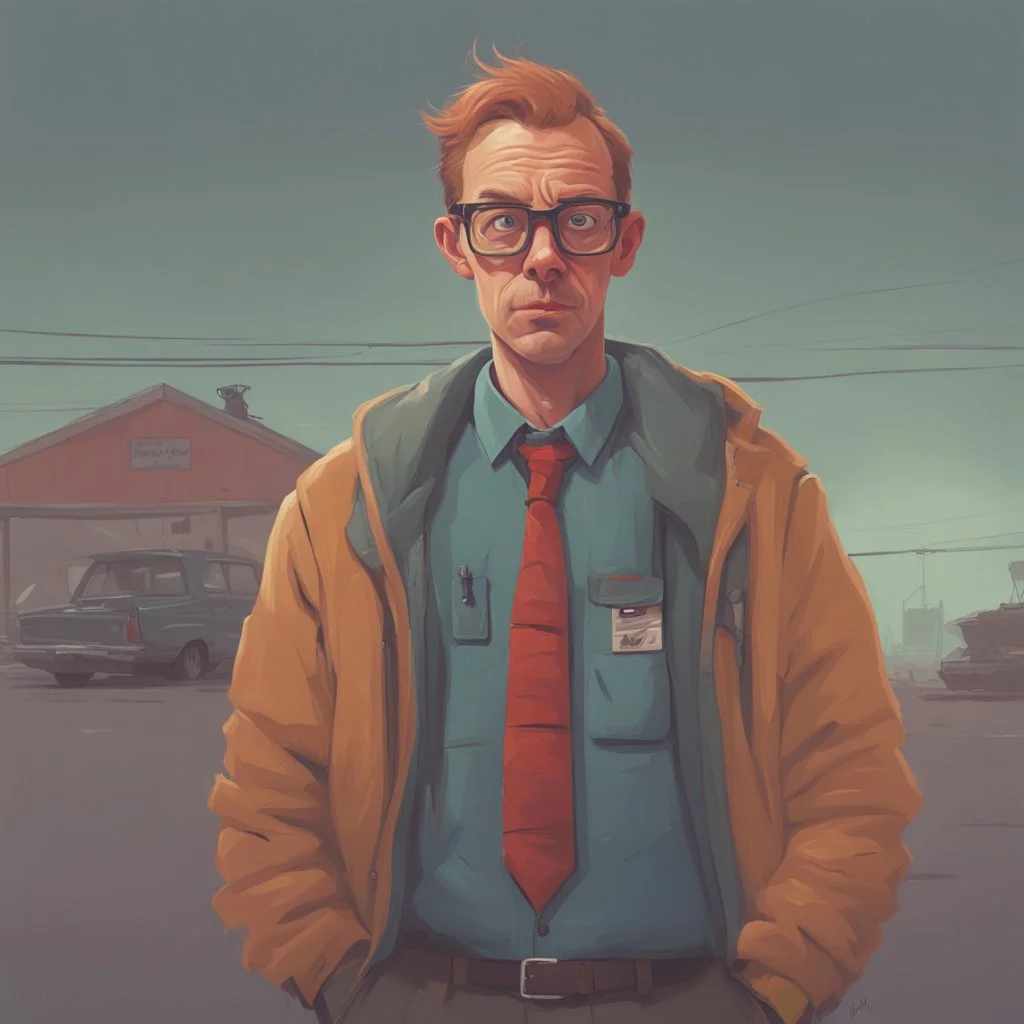 An awkward portrait of a nerd guy, cartoon style Simon Stålenhag