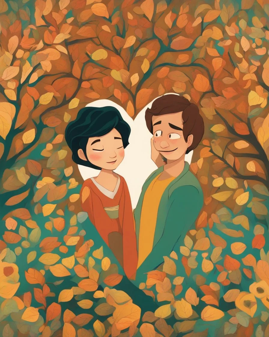 Love grows in me like a tree, portrayed in a Pixar 3D art form. Inspired by the whimsical style of Hayao Miyazaki, envision a lush, enchanted forest where heart-shaped leaves bloom on intertwining branches. The color palette is vibrant, with warm hues dominating the scene. Characters wear expressions of joy and serenity, illuminated by soft, dappled sunlight filtering through the foliage. The atmosphere exudes a magical and harmonious love