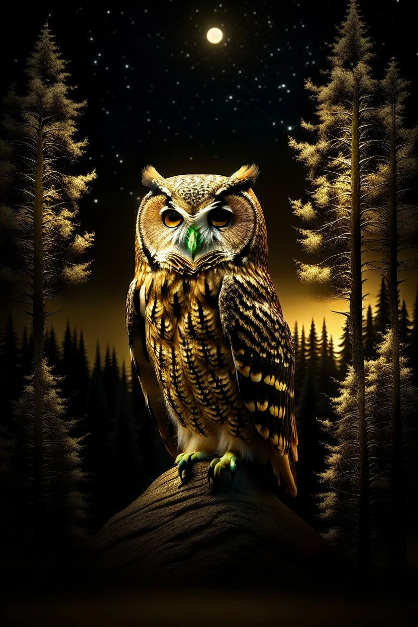 A captivating and mesmerizing 3D render of a striking minimalist silhouette of an owl, transformed into a nighttime scene. The owl's body is filled with a warm golden hue, representing a starlit sky and a radiant full moon. The center features a delicate, flying bird, symbolizing the owl's spirit. Beneath the owl, a serene landscape of pine trees and a resting owl unfolds, creating a sense of tranquility and harmony with nature. This enchanting illustration masterfully blends elements of wildlif