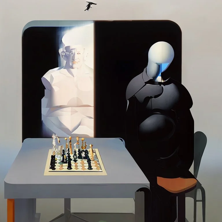 Putin, President Xi Of China And Joe Biden Play Chess With A Pigeon,Ufo And Atomic Bomb Mushroom Cloud,Complex Surgical Instruments Intermixed With A Newborn Boy,Minimalism,Painting By Adrian Ghenie,Rene Magritte,Pablo Picasso,Michelangelo,Salvador Dali,Lucian Freud