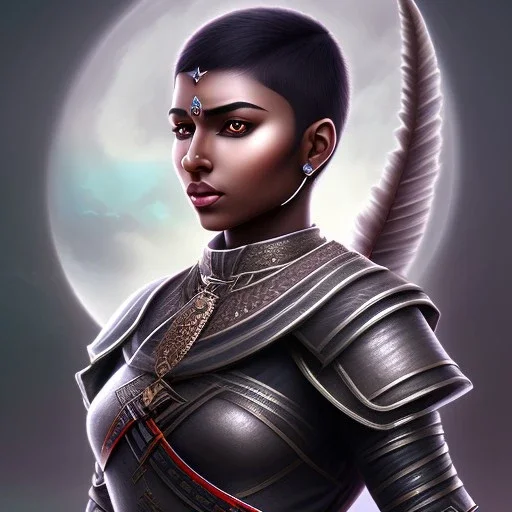 Fantasy setting, woman, dark-skinned, indian, ranger, 23 years old, shaved side haircut, long wavy hair