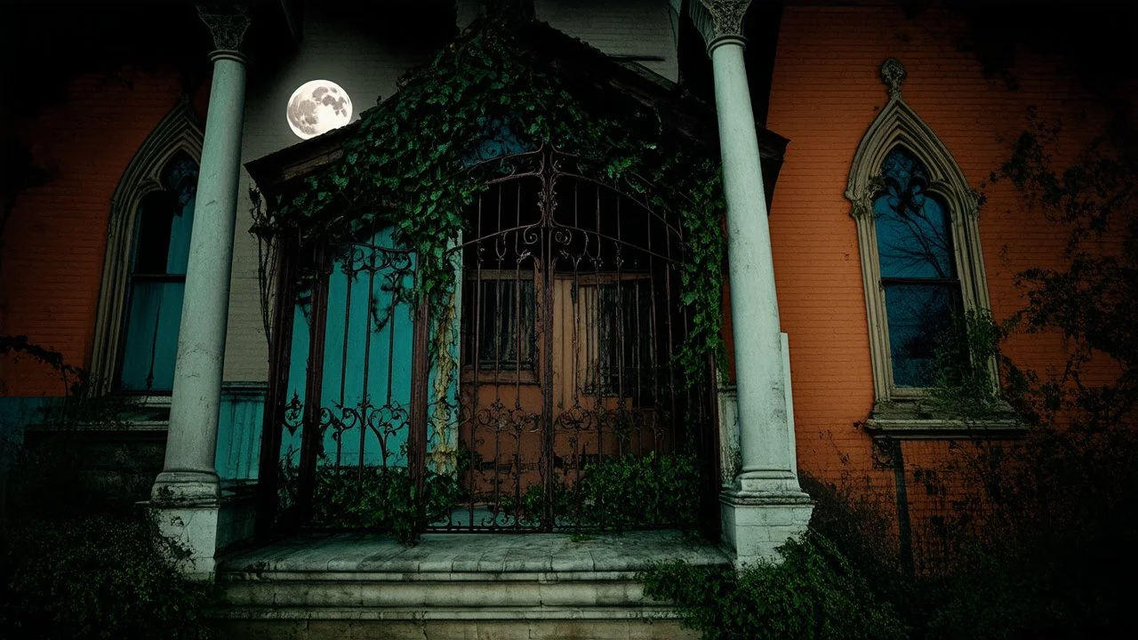 antique analog vintage, An abandoned Gothic mansion with a rusted iron gate, ivy climbing its walls, under a full moon casting a haunting light on the broken front porch., mutted teal and terracota color scheme, stained vignette, highly detailed found footage, desaturated faded film, film skratches and dust