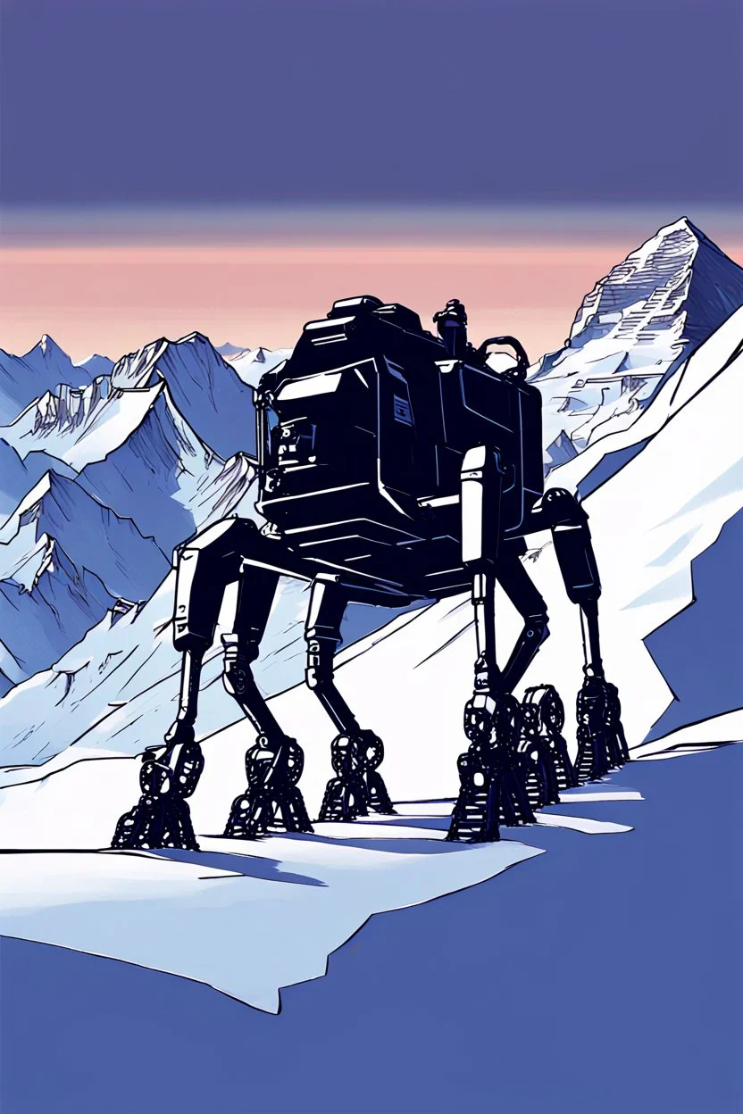 a minimalist silhouette of a sleek mechanical walker with eight legs scaling a very steep snow covered side of mout everest at night, it has a smooth surface, it has storage pods on its belly and humans can fit in the pods