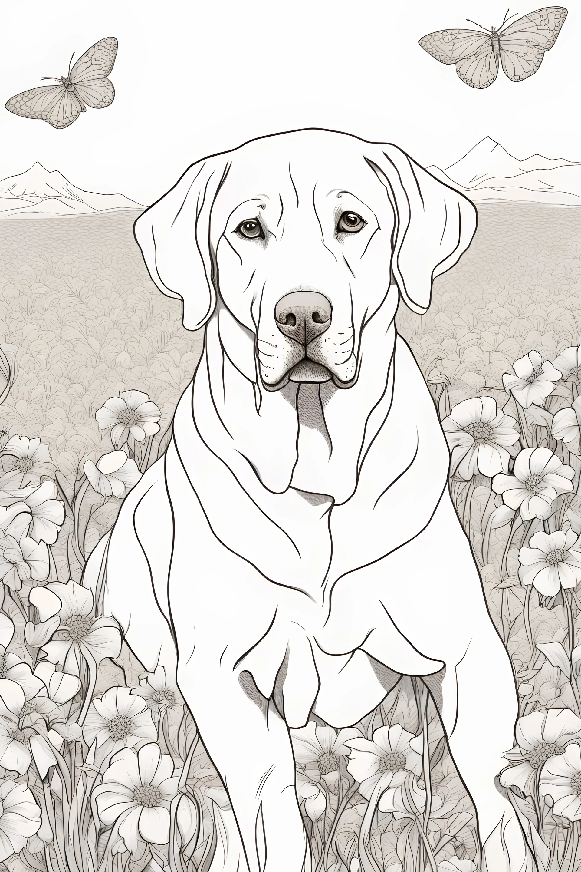 Portrait of a golden lab in a lively field of marigolds, mature coloring artwork, contour, vector, clean line art, white background, detailed, black and white, in the style of kalamkari design