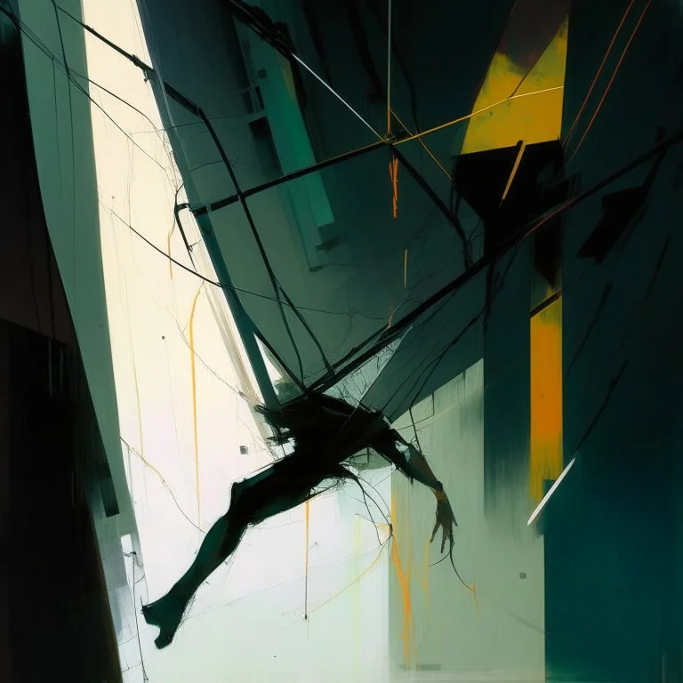 Minimal abstract oil painting of a falling person limbs sinew. Amongst concrete fragments brutalist architecture and hanging wires illuminated at night. In the style of Justin Mortimer and Phil Hale and Ashley Wood