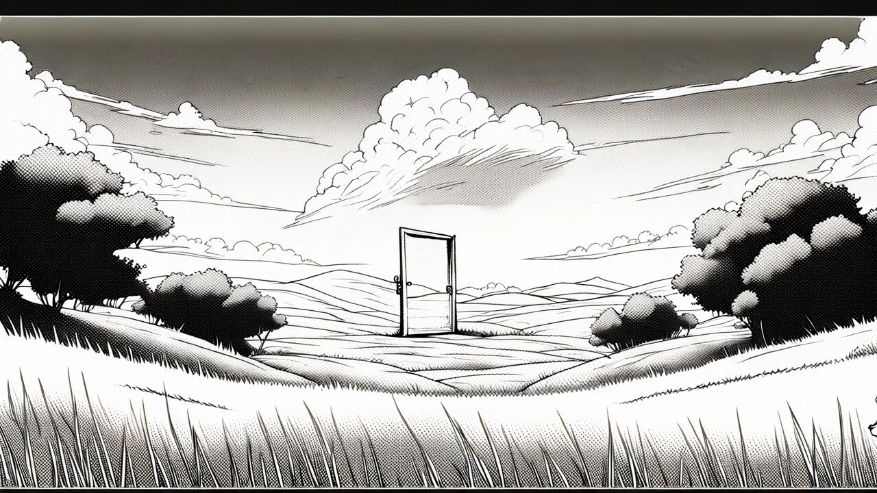 unhinged door, anime, monochrome, black background, ink, simple, maximum quality, broken hinge, barely functioning, centered on frame, far view, in the middle of a grassy hill, white sky with cumulonimbus