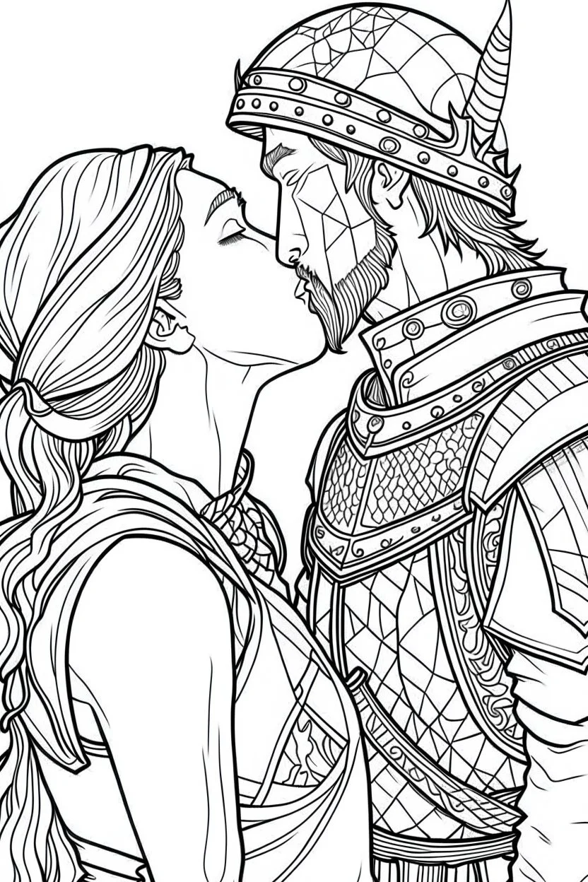 Fantasy coloring page, minimal detail. HD. Woman kissing a male knight with a beard. No background detail.