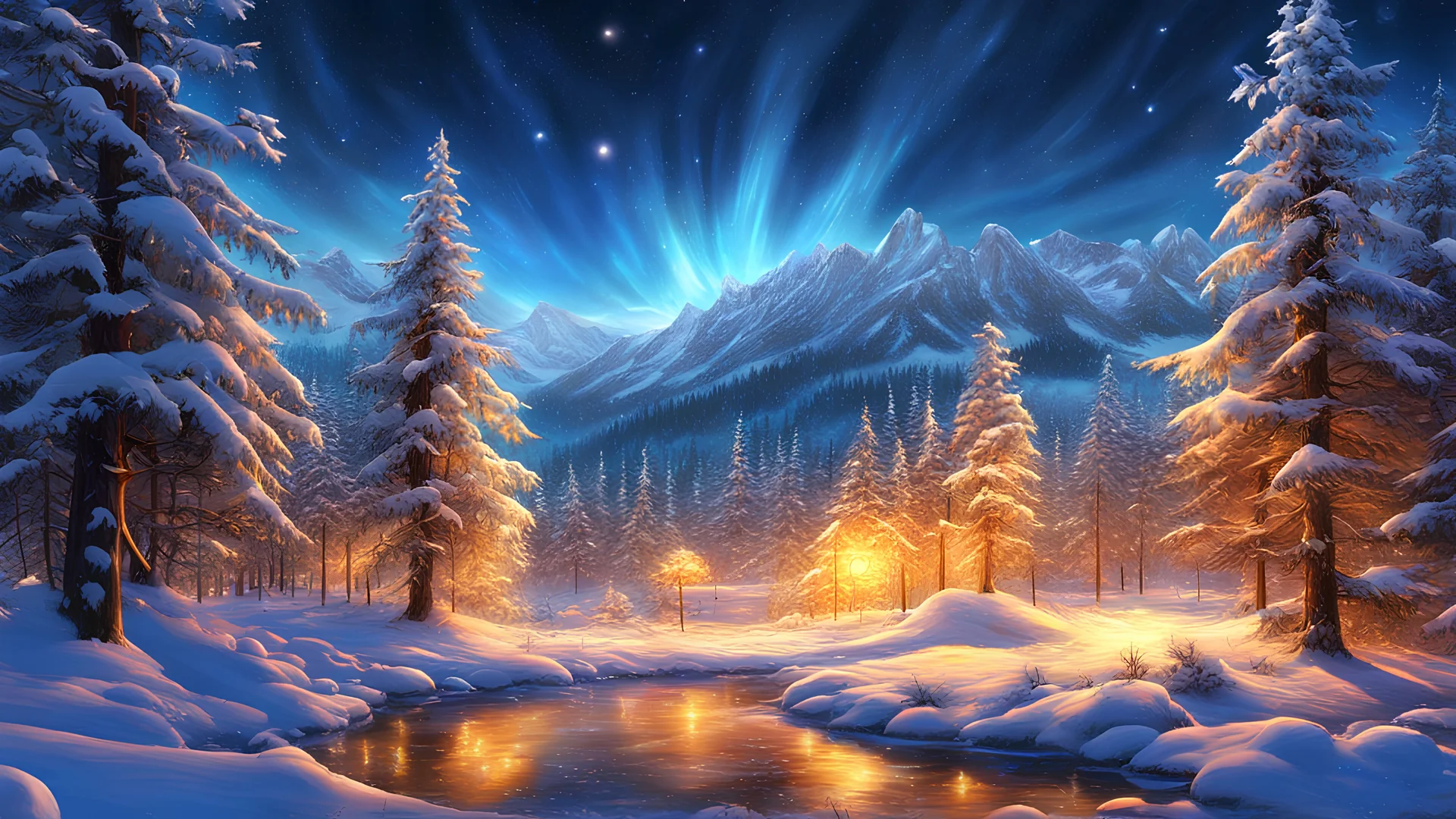 winter, ((extremely detailed 8k illustration)), highres, (extremely detailed and beautiful background), ultra detailed painting, professional illustrasion, Ultra-precise depiction, Ultra-detailed depiction, (beautiful and aesthetic:1.2), HDR, (depth of field:1.4), colorful, vivid, beautiful detailed glow light particles, intricate:1.4, nice hands, perfect hands, High mountains tower against the azure sky, while the lake reflects the surrounding nature beautifully.