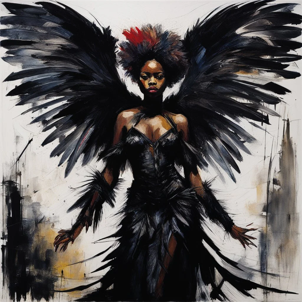 [art by Jean-Paul Riopelle] In an ethereal realm, an Afro-American harpy stands proudly, clad in a dark costume that clings to her skin like a second layer. Her wings, resembling those of a bat, flutter gracefully behind her, adding a touch of mystery to her imposing presence. From her perch on high, she gazes down at the world with a mocking smirk, her piercing eyes scanning the distant horizons.