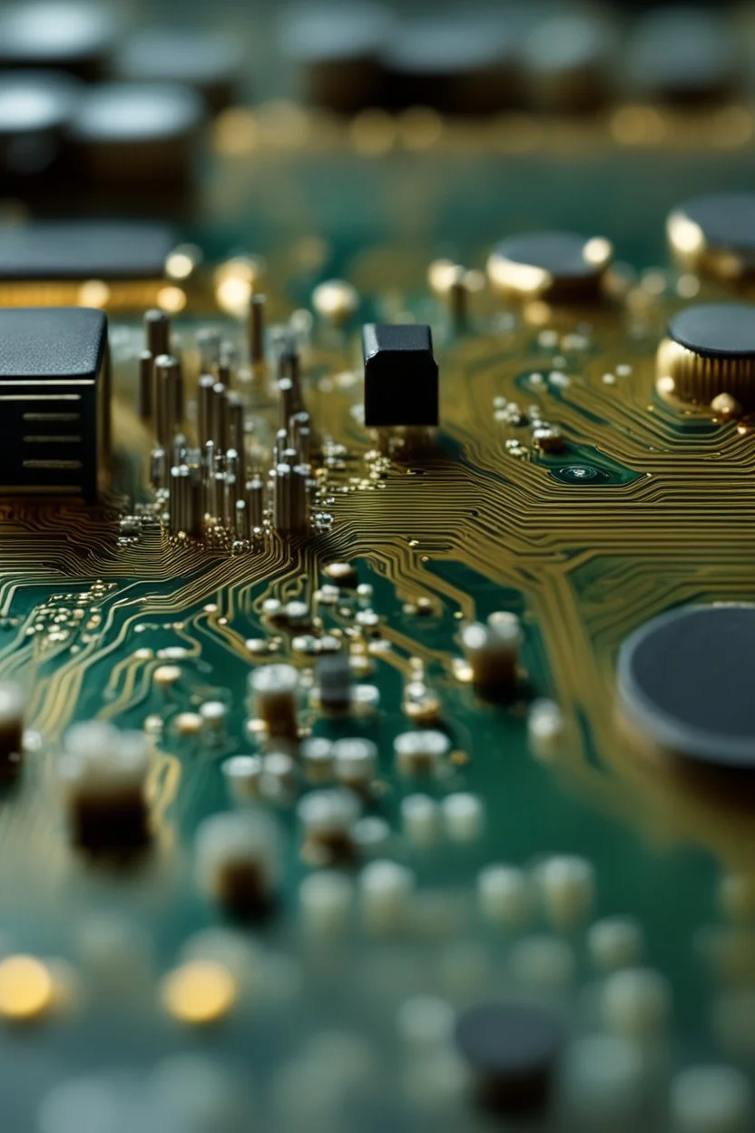 [Tilt-Shift Photography] The circuit board swam into soft focus through the lens, minute details piercing the blurred foreground and background. Golden traces connected components in miniature precision, fibers stretching taut as fairy-line across the substrate. Silicon chips clustered in pleasing arrangement, circuit diagrams etched upon them in intricate patterns too fine for the eye. Mushrooms colonized arrays with pin-prick precision, capped polypores blurring sockets packed with solder ball