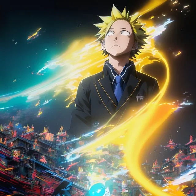 Detailed anime portrait of denki From my hero academia, yellow hair, black suit, intricate details, full body portrait, keep head in frame, slight smile, black Japanese motif, concept art, highly detailed, digital painting, concept art, sharp focus, illustration, art by Yoji Shinkawa, WLOP and greg rutkowski and alphonse mucha and artgerm and yanjun Chen and Junji ito and Makoto Shinkai, HDR, octane render