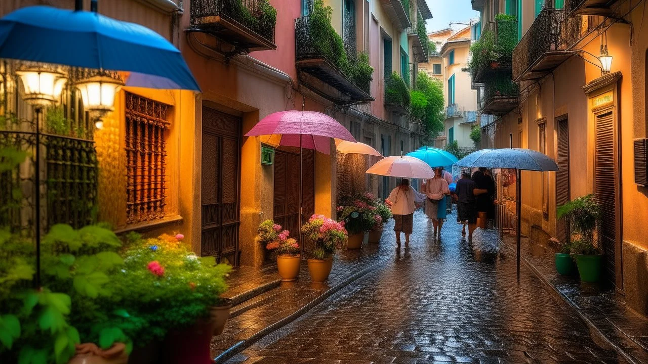 A cobbled street wound between pastel-coloured facades, their balconies overflowing with rain-soaked geraniums. People, under brightly coloured umbrellas, hurried along, while puddles reflected the warm lights of the lit streetlamps.