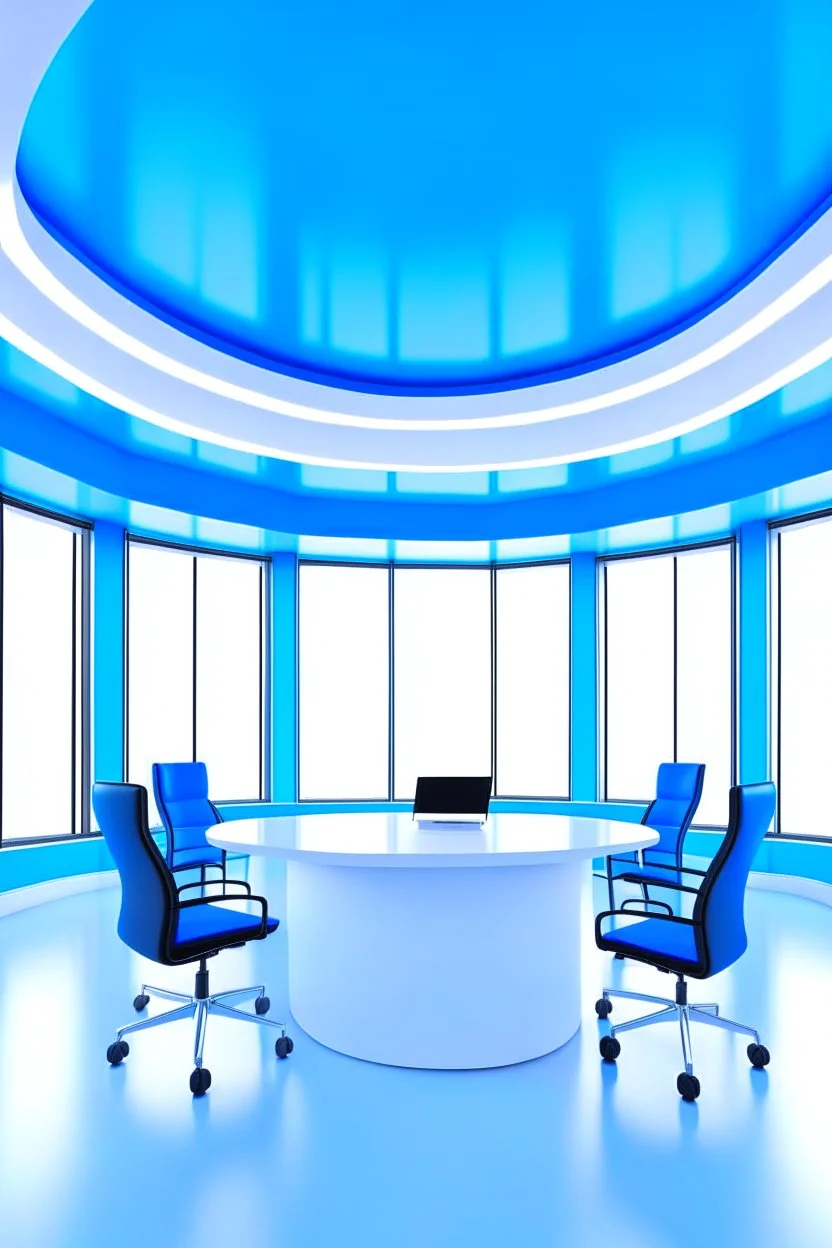 Offices office room hanging on the walls in an oval shape and the color of the walls is blue and the floor is white and the shape of the offices is curved and the office contains four chairs