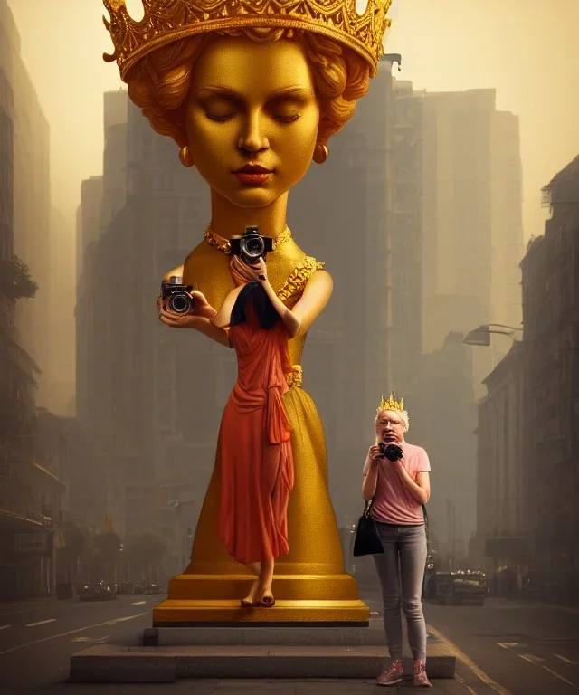 Statue of Queen of photography holding camera in hands. Cute blonde woman. Photographer in golden crown. Standing on the street. Big camera in her hand. hyperdetailed, photorealistic, trending on artstation, greg rutkowski, beksinski, kodachrome, volumetric lighting, gold and orange