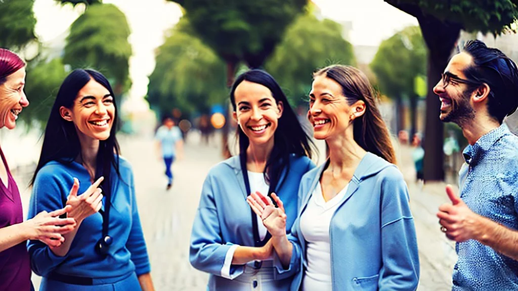 four happy people discussing health and wellness on a street, close up, bokeh