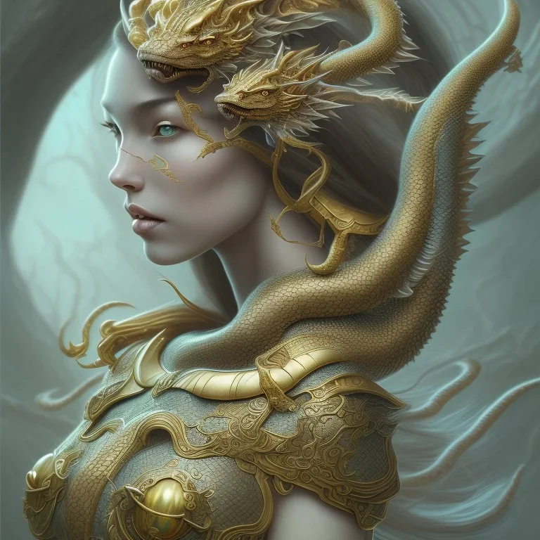 sango fantasy, fantasy magic, intricate, sharp focus, illustration, highly detailed, digital painting, concept art, matte, artgerm and paul lewin and kehinde wiley, masterpiece silver dragon head golden Asian nice breast Afo woman turquoise waves