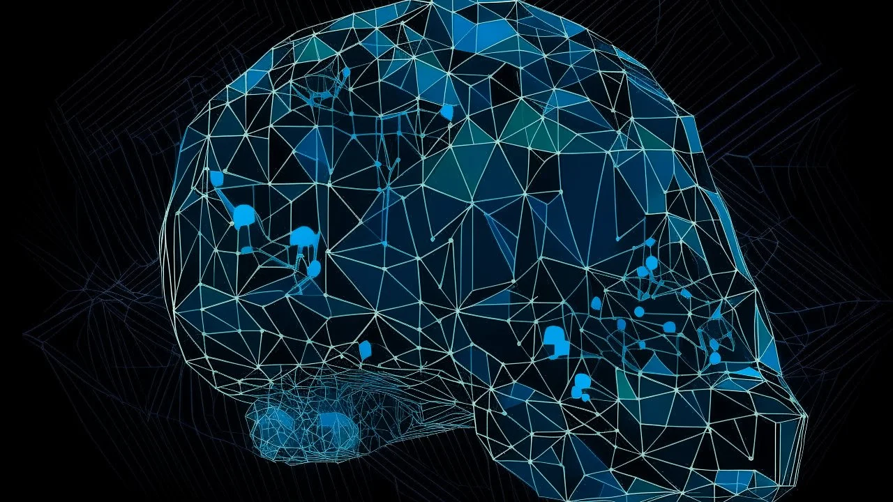 Serigraphy by Hayao Miyazaki with blue colors and dark background of a polygonal brain inside a matrix made of points and lines.