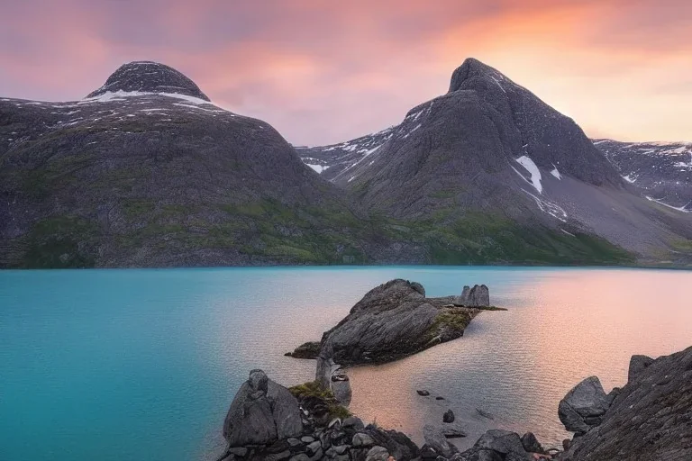 highly detailed glacial lake landscape, sunset, cinematic lighting, 4k, 8k, octane render, popular on 500px, pinterest, extremely detailed, ambient lighting, single frame, small carbon yellow solo narrow symmetrical swift racing kayak on rock pebble beach in foreground, norway, iceland, fjord