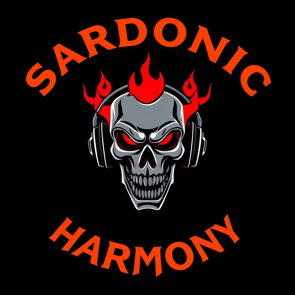 stylish abstract logo for rock band orange text "SARDONIC HARMONY" in a futuristic robotic font, sinister evil marshmallow head with headphones and red flames, horror, dark negative space, by H.R. Giger and Godmachine, violent colors, minimalism