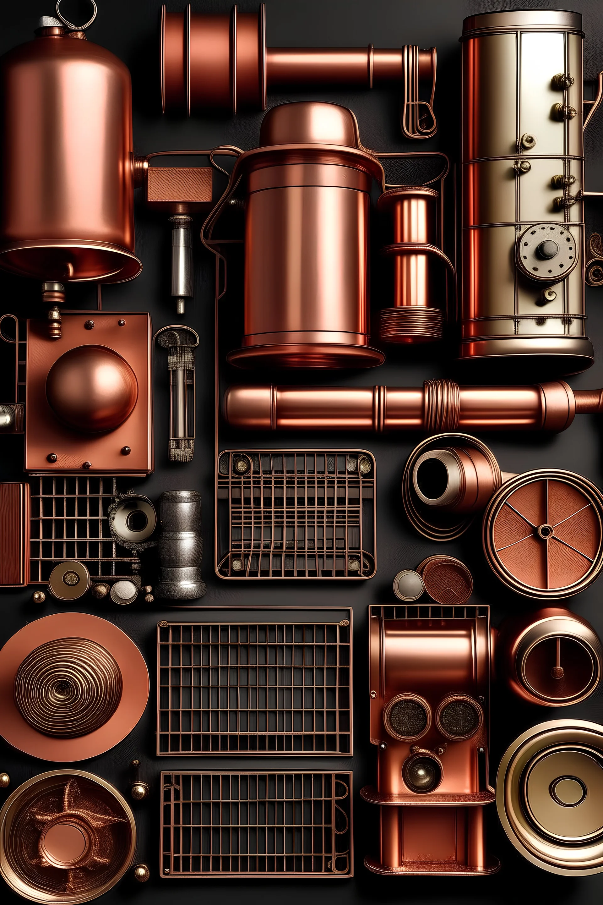 Please produce a photo of the parts of electrical appliances used in homes inspired by copper, which should be a fresh photo and for the cover of a poster. Please, it should be kitchen appliances.