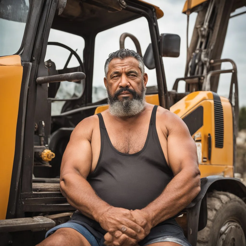 close up photography of a arab ugly burly serious wet sweaty, muscular chubby strong fat carpenter, shirtless, swimwear, bulge, manly chest, very hairy allover, big goatee 51 years old, short hair, sitting with open legs on a little chair , on a construction site in the middle of a road, under the August sun, emotional eyes, , hyper-realistic, photorealistic , frontal view from the ground