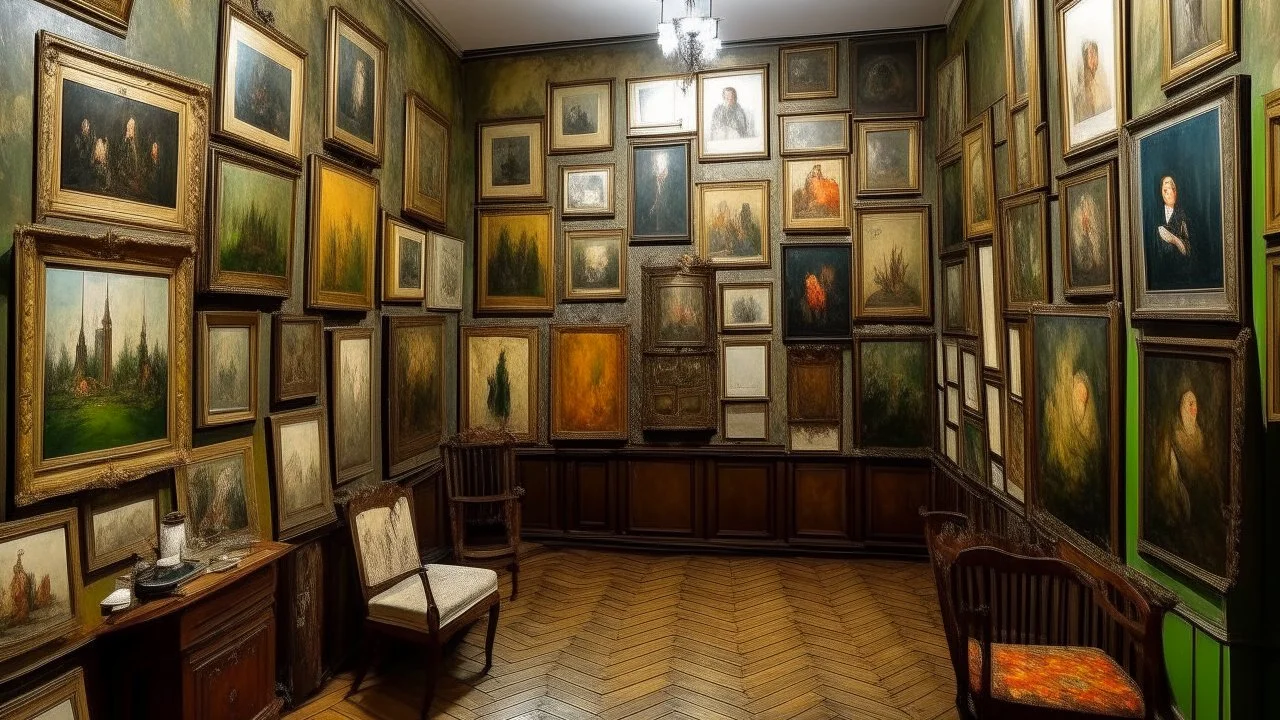 room with a lot of paintings on the wall, room of the unnamed painter