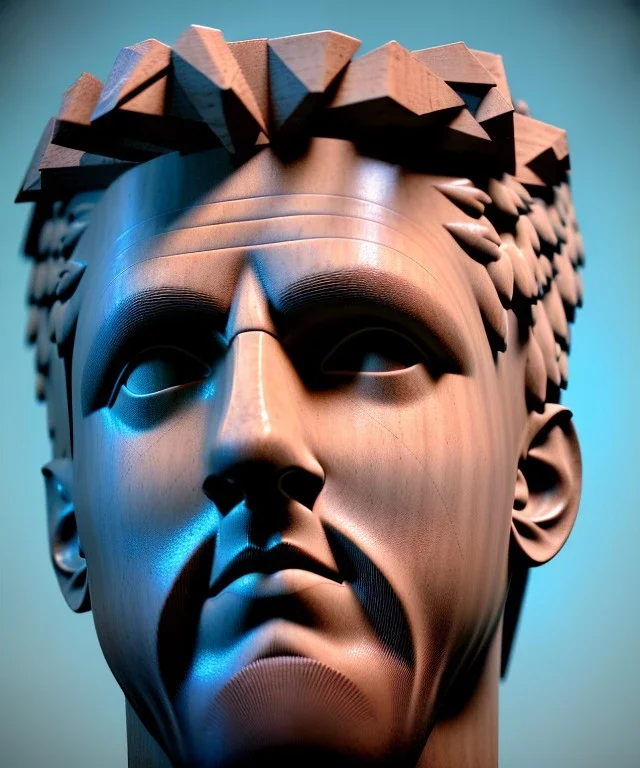 Gran angular, Realistic image, roman sculpture, marble material, Lionel Messi with Laurel wreath model, miguel angel style, emperador, God light, god rays, 4k resolution, perfect details, ornate details, soft lighting, unreal engine 5, soft cyan background.