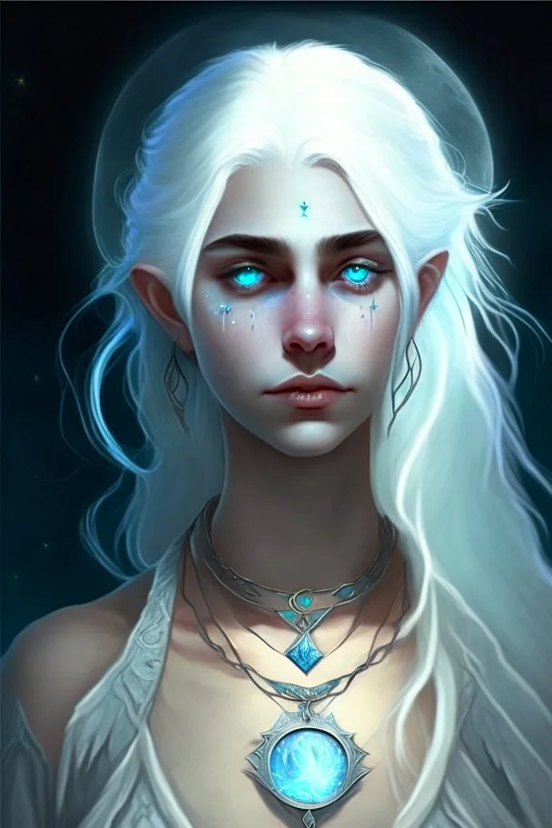 hauntingly beautiful character for dnd, young woman with white hair and blue eyes, angel, with moon necklace