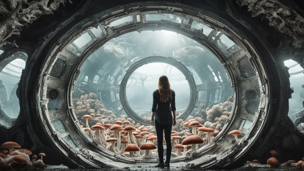 woman standing inside the interior of a ruined alien spaceship, with a circular window, overrun with mushrooms with jellyfish tentacles