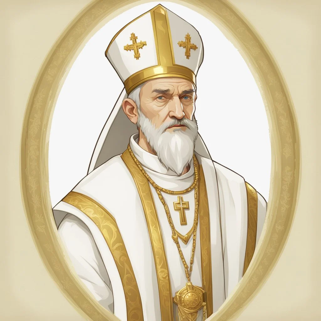 game avatar, man, portrait, pope priest, religion, white robe, gold, medieval