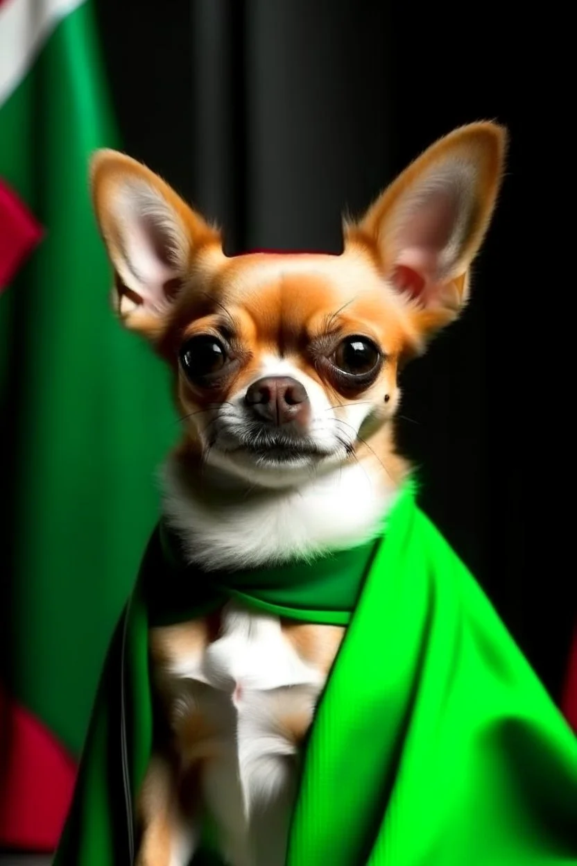 un chiwawa siendo el presidente de mexico con una bandera mexicana atras