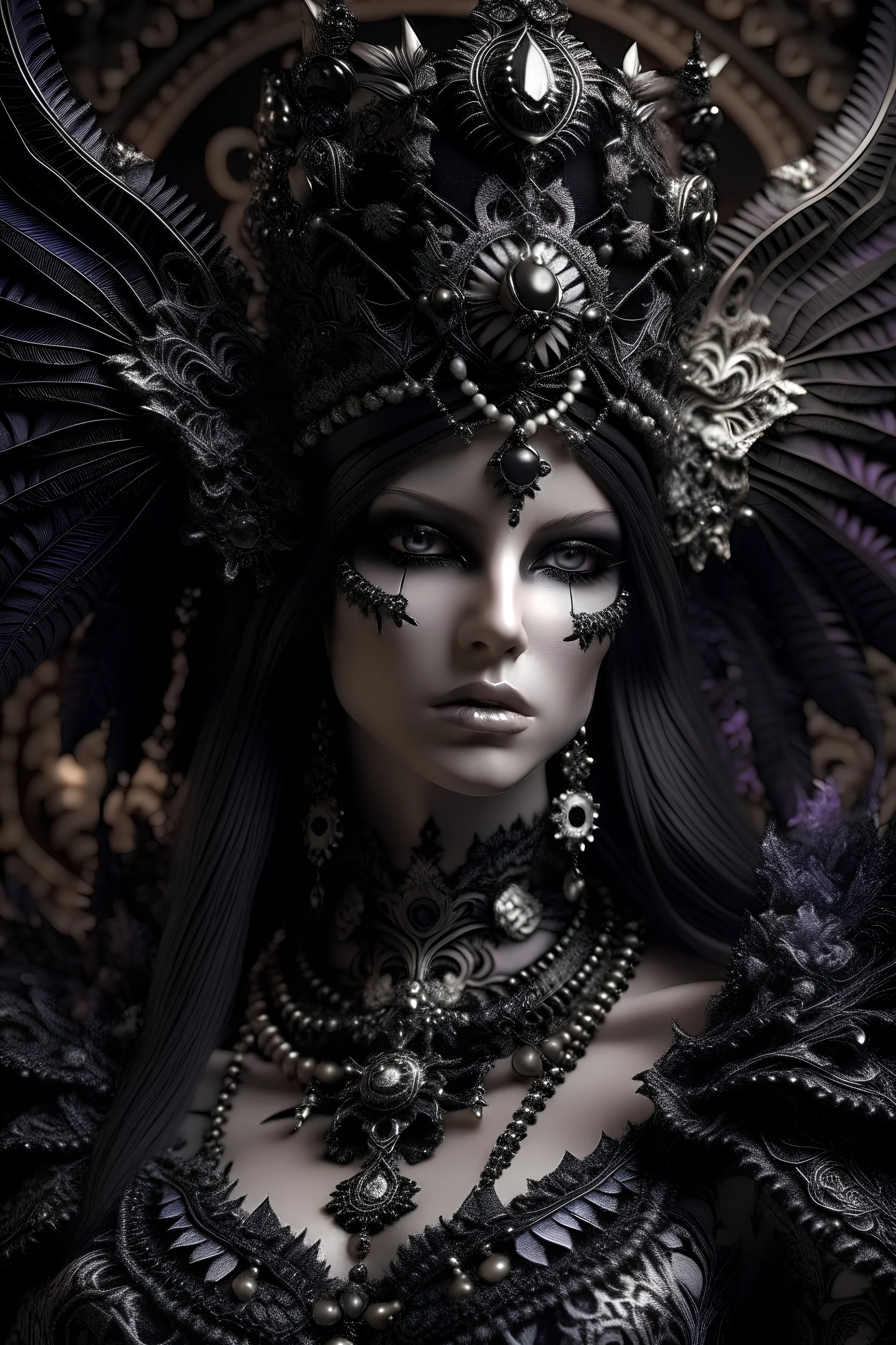 Beautiful young faced voidcore metallic filigree steampunk Seraphim black angel portrait textured feathers ribbed with voidcore style mineral stone ribbed headdress, black pearls i, white crystals n the long black hair, textured butterfly pattern embossed art nouveau black and violet costume extremelmly detailed intricate 8 k organic bio spinal ribbed detail of floral embossed voidcore decadent angelic background resolution epic cinematic maximálist concept art