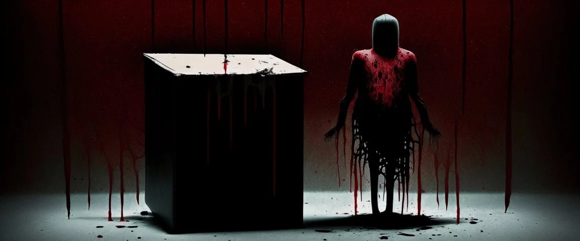 a faceless creature covered in blood holding up an empty black box