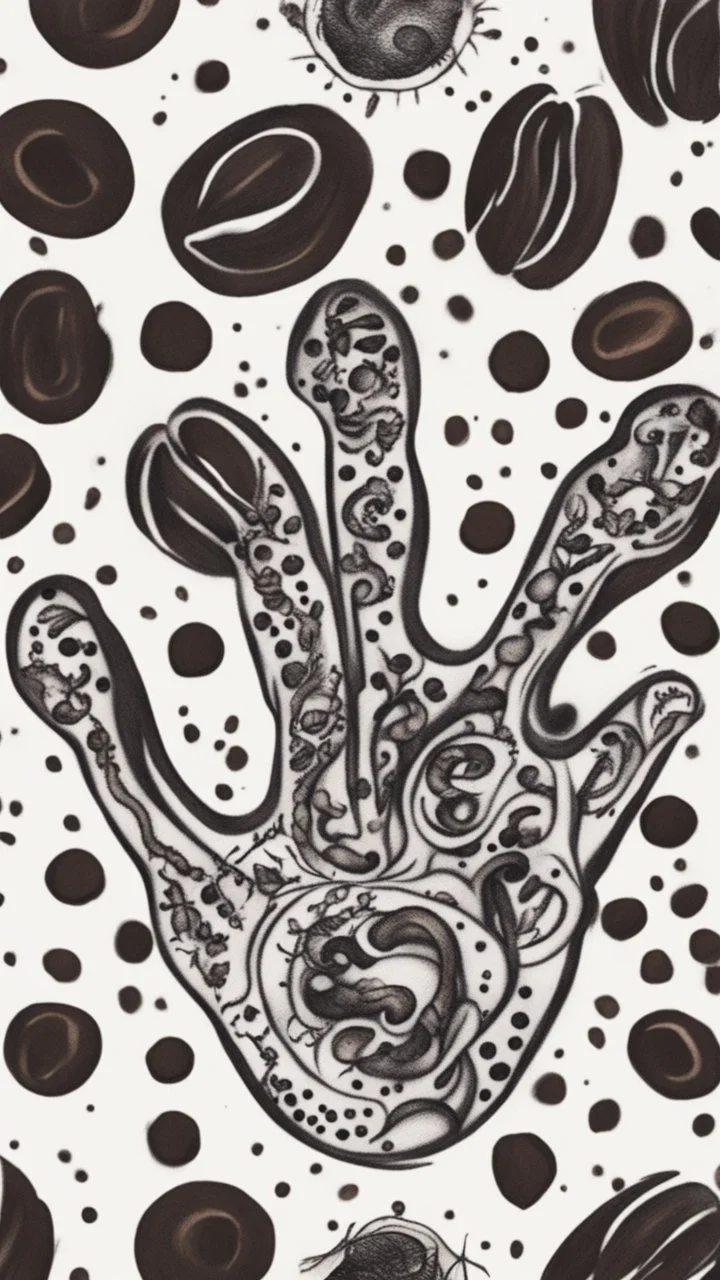 Tattoo on white paper, anatomical coffee, bright brown drawing, black paint strokes on background, large black strokes background, polka dot pattern