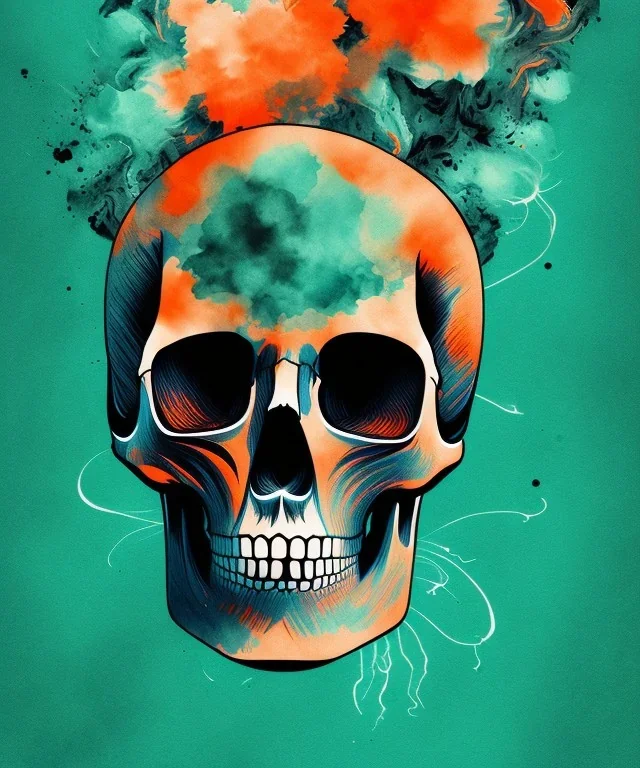 minimal lineart skull. watercolor and ink. black background. smoke and explode. particles in air. teal and orange