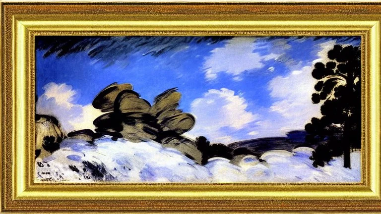 Big rocks, trees, clouds, winter, edouard manet impressionism painting