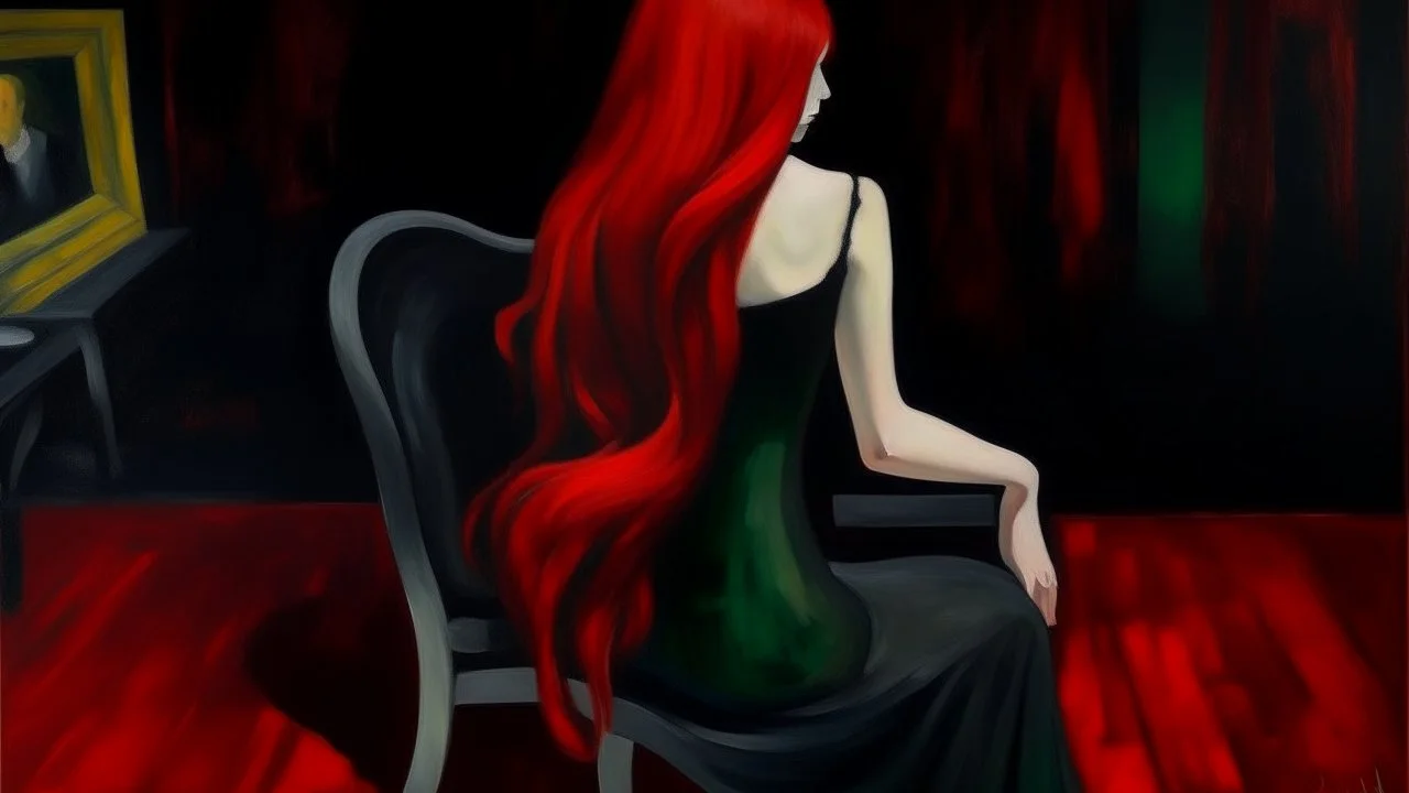 Avant-garde painting. We see a girl from behind, in a black dress, lazily, half-lying on a chair, her legs tightly crossed, one hand loosely draped over the back of the chair. Her long red hair falls down her back.