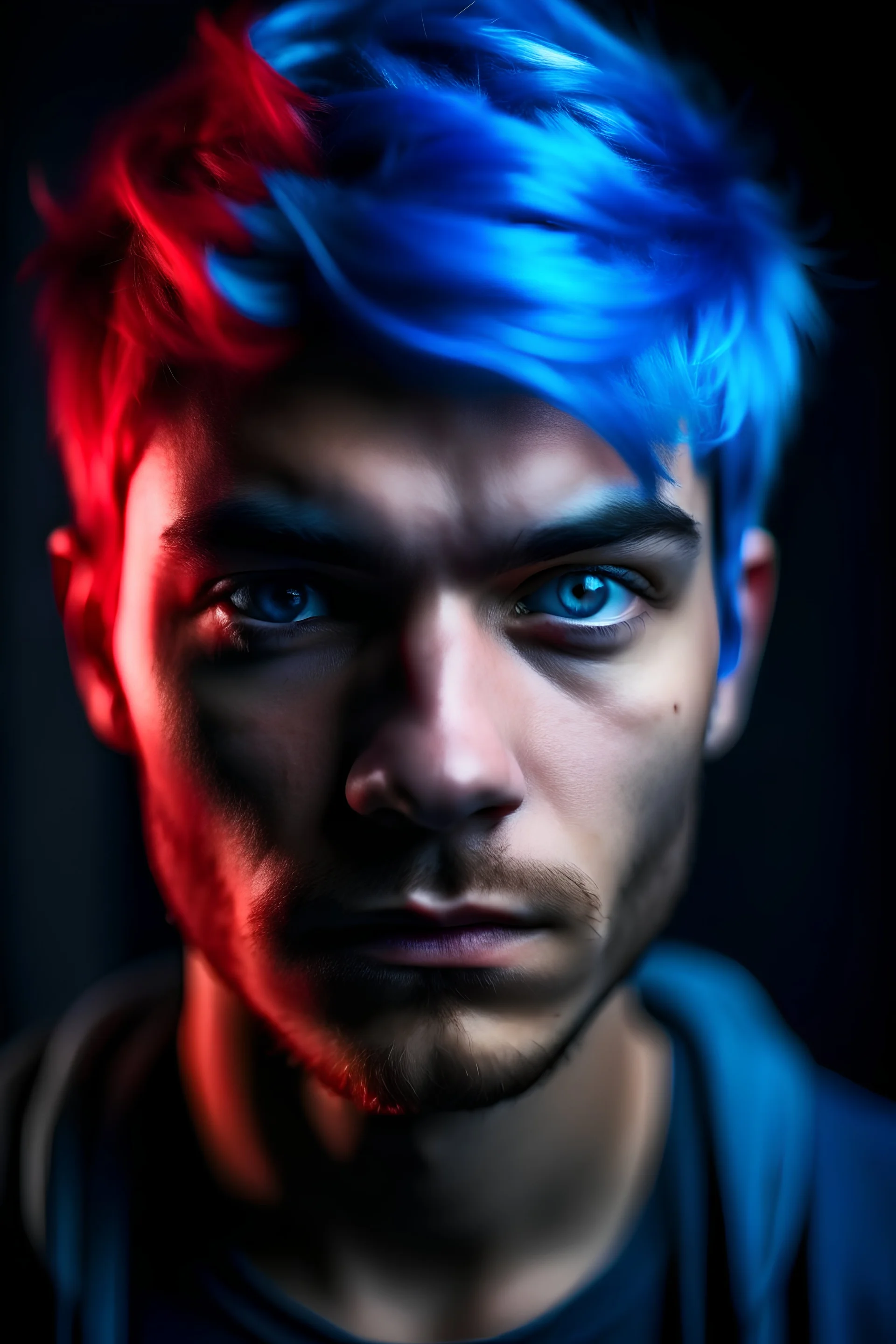 A man with blue hair and red eyes