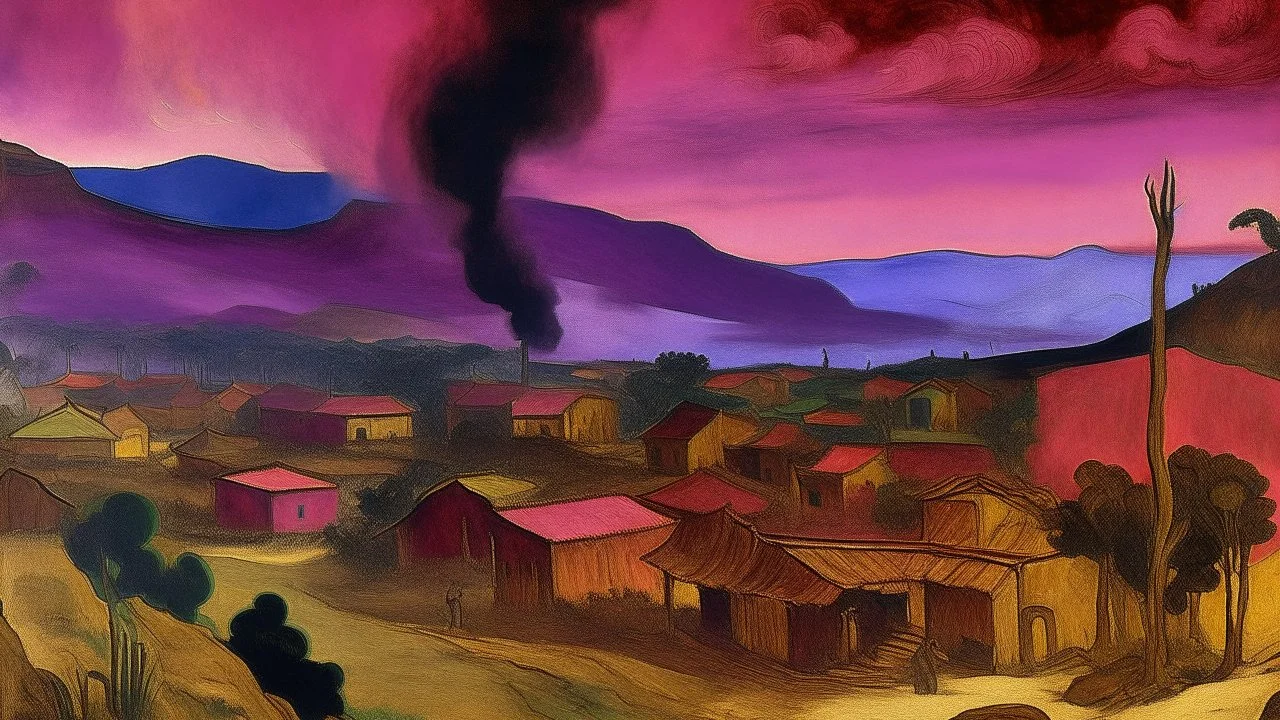 A dark reddish magenta western town covered in smoke painted by Paul Gauguin