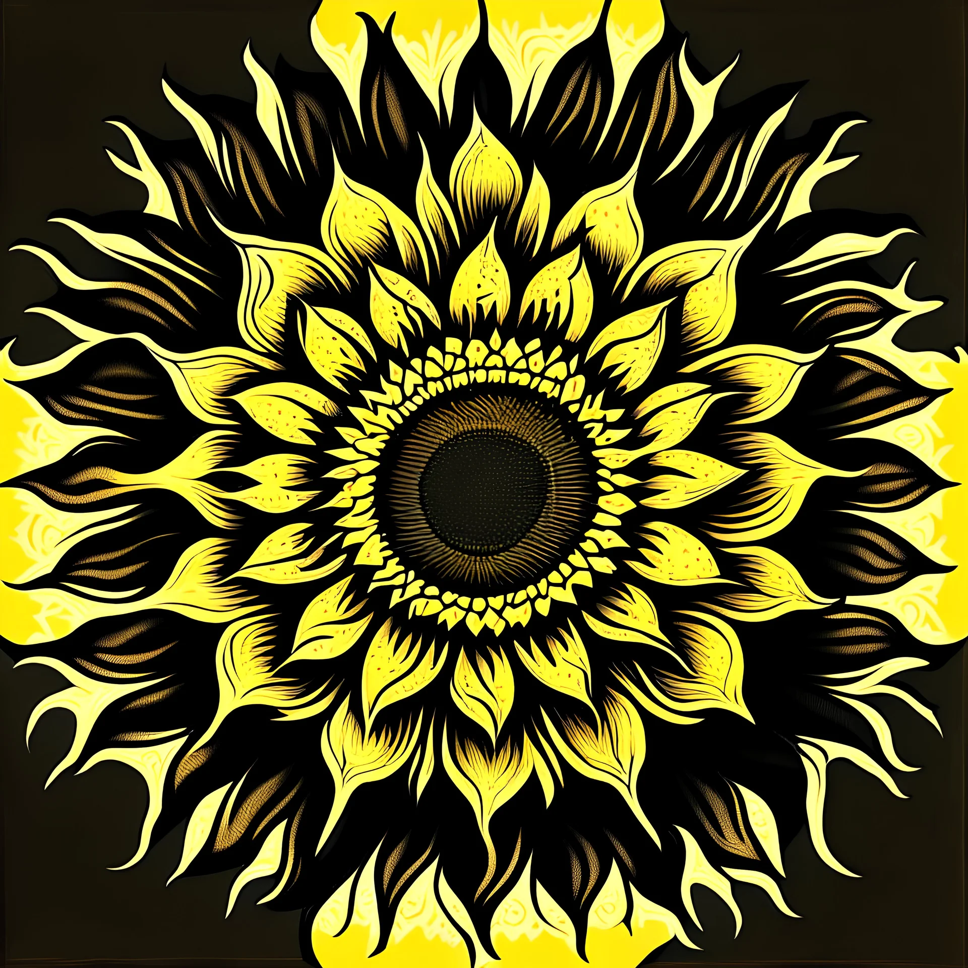 Silkscreen printing stylized sunflower, mandala decoration