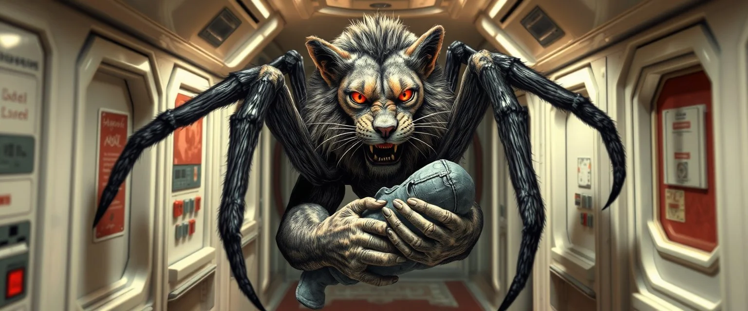 gritty air brush 3d with pen outline, vampire space loab spider lion cat holding a human in its grip, pin hole cam in doll house space ship hospital corridor, in the style of HR GIGER, ESCHER