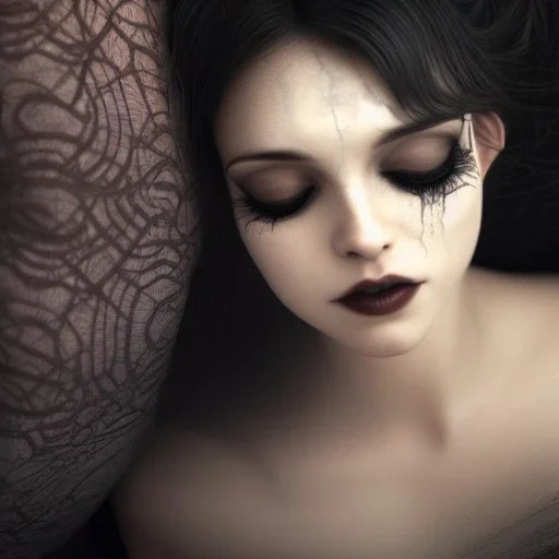 woman sleeping on satin pillow with spiderwebs covering face, goth, mascara running down cheeks, 8k, high-quality, fine-detail, intricate, sharp, crisp, digital art, detailed matte, illustration, octane render, brian froud, howard lyon, Anne Dittman, Anne Stokes, Lisa Parker, Selina French