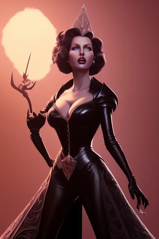 Rita Hayworth as evil queen in black leather, busty, cleavage, dominatrix, curvy, angry, stern look. character design by cory loftis, fenghua zhong, ryohei hase, ismail inceoglu and ruan jia. unreal engine 5, artistic lighting, highly detailed, photorealistic, fantasy