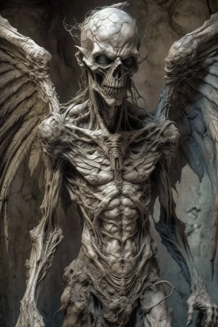 sculpture of a old manwith wings. decayed and rotting with grotesque proportions and imagery. abstract grotesqueries, detailed texture, surreal horror, biomechanical design, by hr giger and beksinski